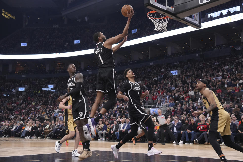 Brooklyn Nets' Mikal Bridges shoots against the Toronto Raptors during the first half of an NBA basketball game Thursday, Feb. 22, 2024, in Toronto. (Chris Young/The Canadian Press via AP)