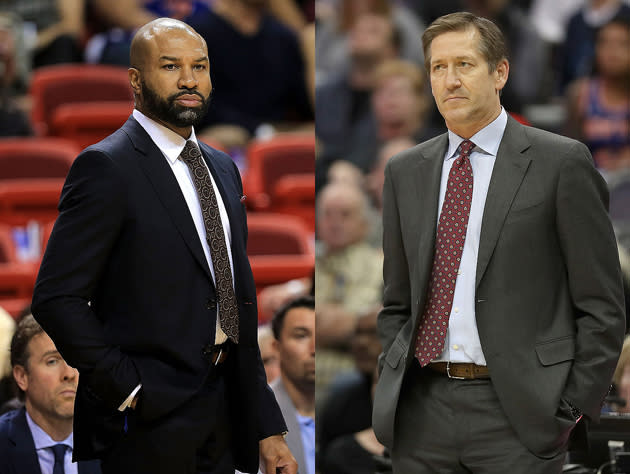 Derek Fisher and Jeff Hornacek, Knick coaches. (Getty Images)
