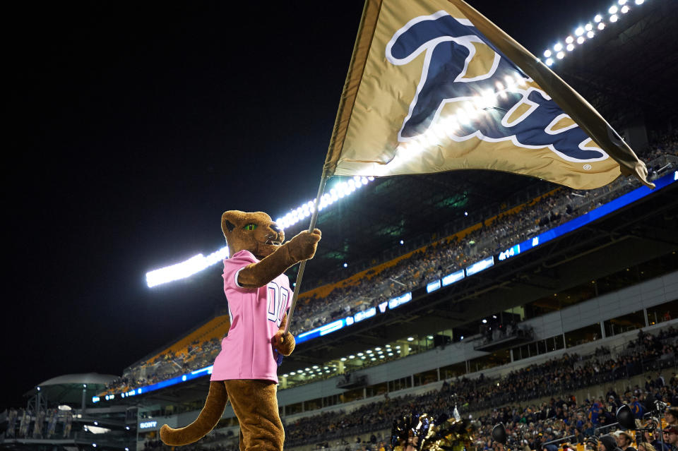 PITTSBURGH, PA - OCTOBER 27:   Pittsburgh Panthers mascot Roc waves a flag during a NCAA football game between the Pittsburgh Panthers and the Virginia Tech Hokies on October 25, 2016, at Heinz Field in Pittsburgh, PA. (Photo by Shelley Lipton/Icon Sportswire via Getty Images)