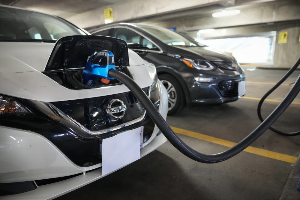 WASHINGTON, DC - APRIL 22: Electric vehicles are displayed before a news conference with White House Climate Adviser Gina McCarthy and U.S. Secretary of Transportation Pete Buttigieg about the American Jobs Plan and to highlight electric vehicles at Union Station near Capitol Hill on April 22, 2021 in Washington, DC. The Biden administration has proposed over $170 billion in spending to boost the production of zero-emission buses and cars and increase the number of EV charging stations. (Photo by Drew Angerer/Getty Images)