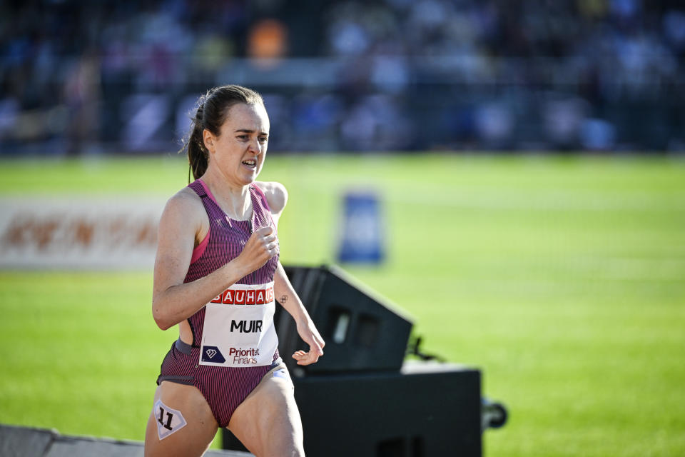 Britain's Laura Muir runs to win the women's 1.500m race at the Diamond League Bauhaus Athletics Gala in Stockholm, Sweden, Sunday, June 2, 2024. (Anders Wiklund/TT News Agency via AP)