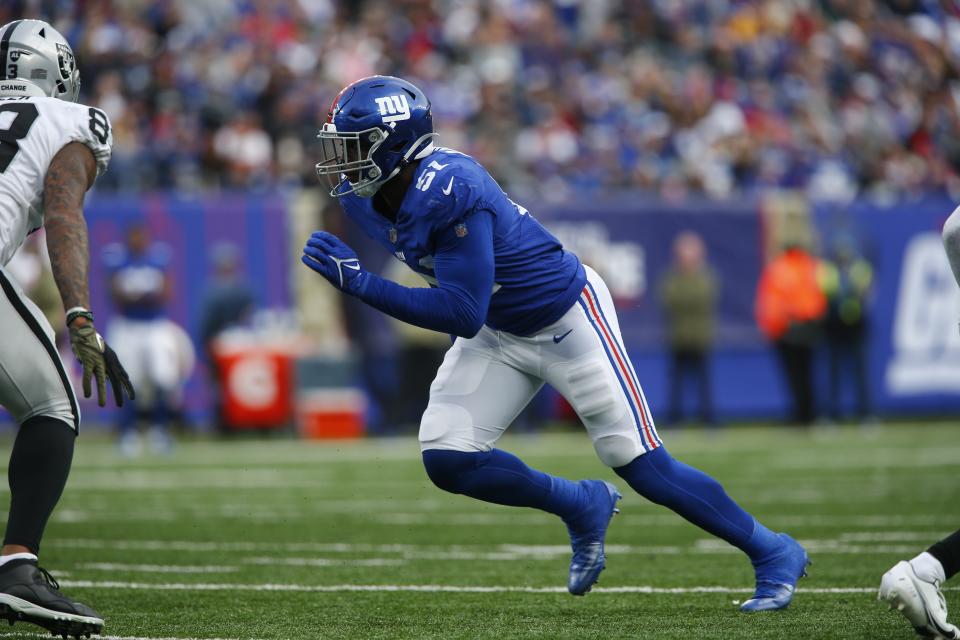 New York Giants' Azeez Ojulari (51) during the second half of an NFL football game against the Las Vegas Raiders, Nov. 7, 2021, in East Rutherford, N.J. (AP Photo/John Munson)