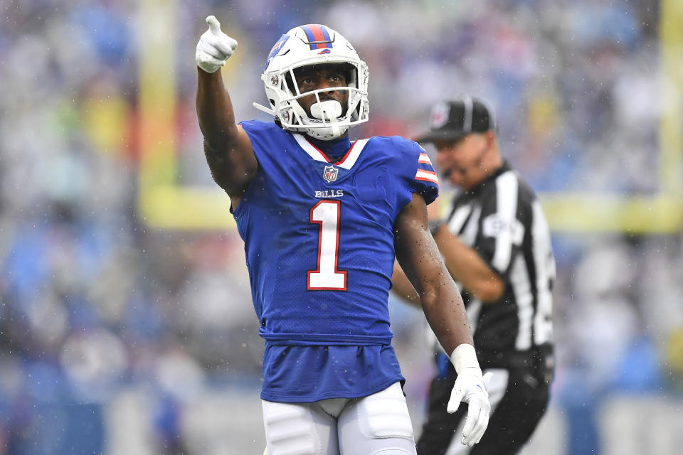 Buffalo Bills wide receiver Emmanuel Sanders (1) signals for a first down during the second half of an NFL football game against the Houston Texans, Sunday, Oct. 3, 2021, in Orchard Park, N.Y. (AP Photo/Adrian Kraus)