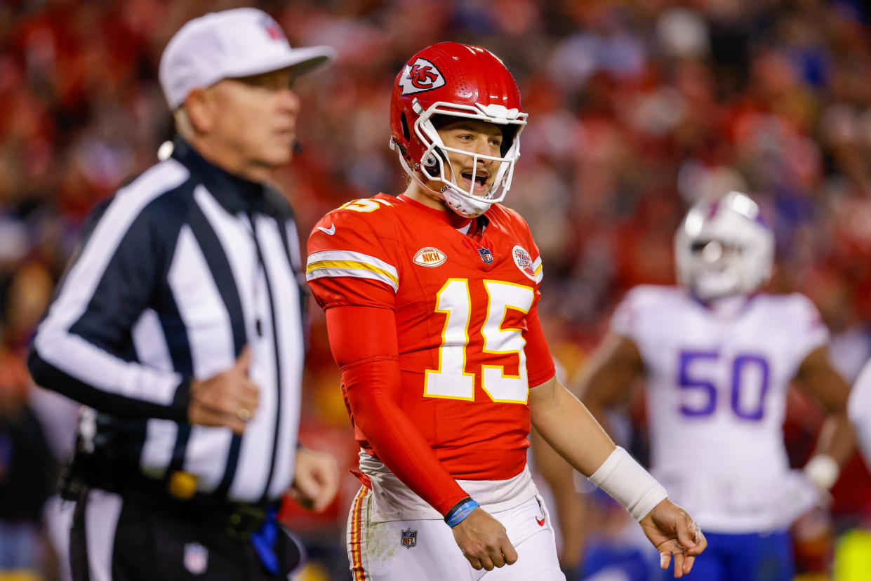 Patrick Mahomes of the Kansas City Chiefs was fined by the NFL for criticism of officials. (Photo by David Eulitt/Getty Images)