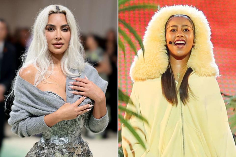 <p>Dimitrios Kambouris/Getty Images; London Entertainment/SplashNews / SplashNews</p> (L) Kim Kardashian (R) North West.