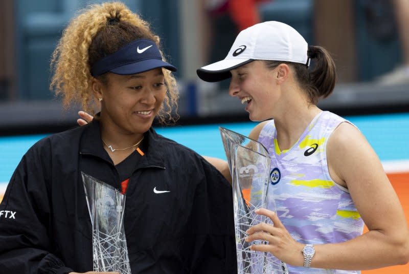 Japan's Naomi Osaka (L) lost to world No. 1 Iga Swiatek of Poland in the 2022 Miami Open women's singles final on April 2, 2022, in Miami Gardens, Fla. File Photo by Gary I Rothstein/UPI