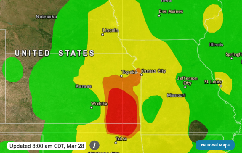 This "fire and smoke" map published on the Environmental Protection Agency's website at airnow.gov highlight parts of eastern Kansas that were seeing elevated air quality concerns because of lingering smoke from prairie fires.