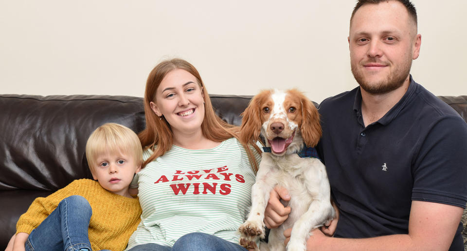 Owners Emma Clayton (left) and Oliver Broomhead (right) and their son, assure Pete's fans that he is a happy and healthy puppy who just happens to faint.