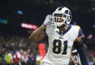 Jan 20, 2019; New Orleans, LA, USA; Los Angeles Rams tight end Gerald Everett (81) reacts after a Rams touchdown against the New Orleans Saints during the third quarter of the NFC Championship game at Mercedes-Benz Superdome. Mandatory Credit: Chuck Cook-USA TODAY Sports