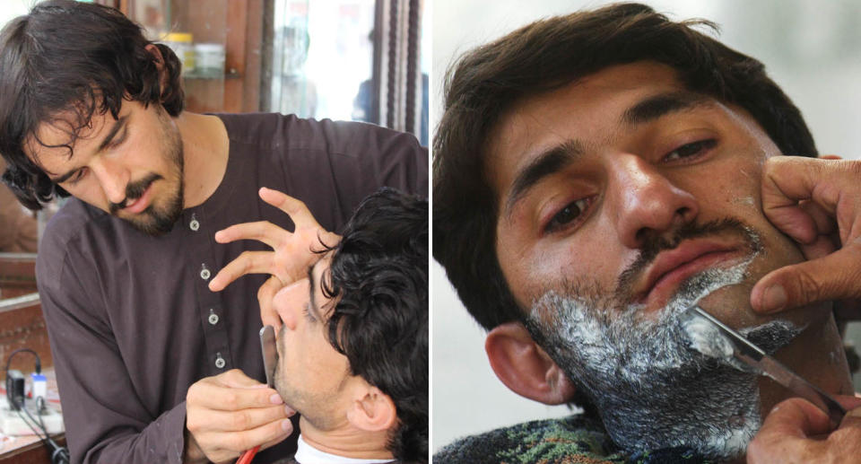  (Left) An Afgan man has his beard shaved at the Fazal Mohammad Barber Shop March 4, 2003 in Kabul, Afghanistan. (Right)A barber cuts shaves beard at a shop in Khost, Afghanistan on September 23, 2021. Source: Getty Images 