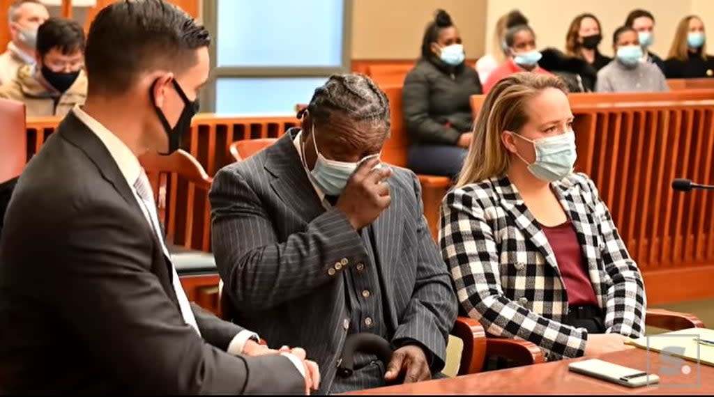 Anthony Broadwater broke down in tears after his conviction was overturned  (YouTube/ Syracuse.com)