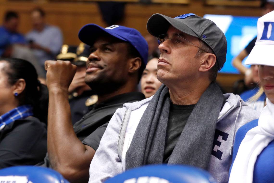Duke parents Jerry Seinfeld, right and David Robinson watch during Duke’s 89-55 victory over Colorado State at Cameron Indoor Stadium in Durham, N.C., Friday, Nov. 8, 2019. Ethan Hyman/ehyman@newsobserver.com