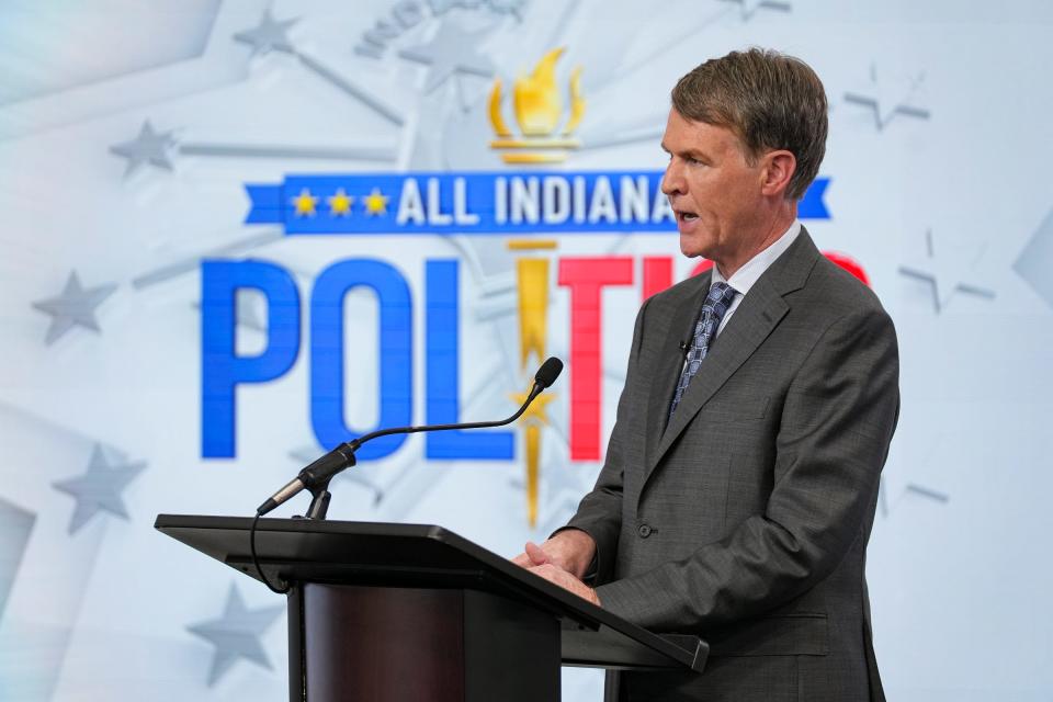 Republican candidate Jefferson Shreve speaks during the WISH-TV Indianapolis Mayoral Debate on Monday, Oct. 23, 2023, at the news station's studios in Indianapolis. Shreve in 2024 is running for Congress.