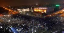 Protesters gather in front of the government building during a protest in Victoriei Square, in Bucharest, Romania, February 5, 2017. REUTERS/Alex Fraser TPX IMAGES OF THE DAY