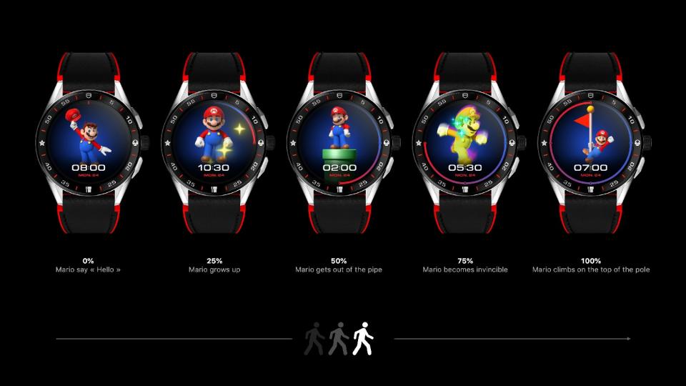 <p>Five of the Tag Heuer Connected Limited Edition Super Mario watches with black-and-red straps. Each of them shows a different Mario image at different times of day.</p>
