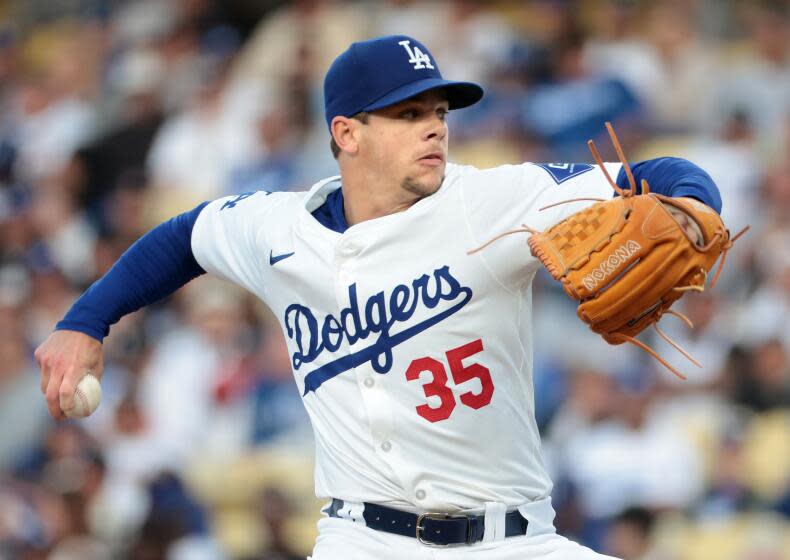 LOS ANGELES, CALIFORNIA May 21, 2024-Dodgers pitcher Gavin Stone throws a pitch to a Diamondbacks batter in the first at Dodgers Stadium Tuesday. (Wally Skalij/Los Angeles Times)