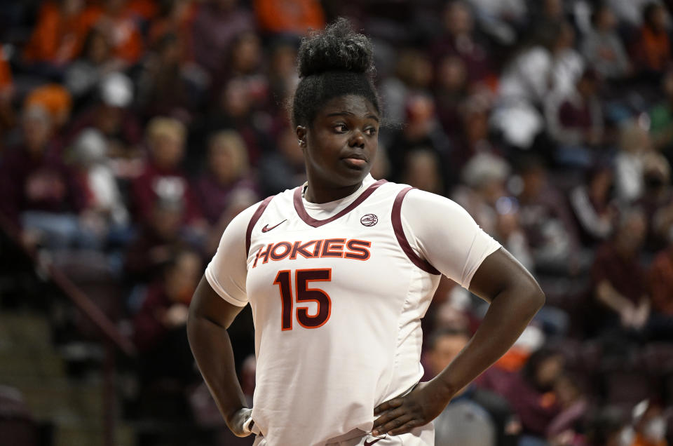 BLACKSBURG, VIRGINIA - JANUARY 22: Ashley Owusu #15 of the Virginia Tech Hokies plays against the Wake Forest Demon Deacons at Cassell Coliseum on January 22, 2023 in Blacksburg, Virginia. (Photo by G Fiume/Getty Images)