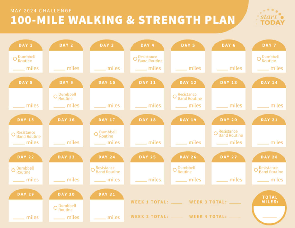 Start TODAY May 100-Mile Walking and Strength Challenge