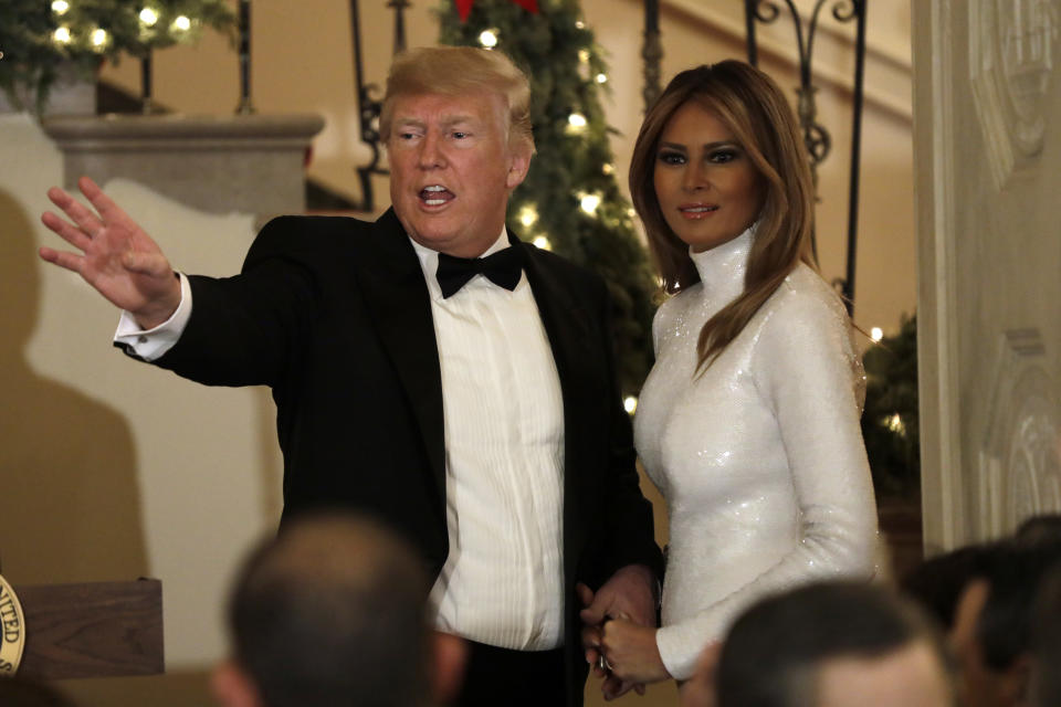 Melania Trump stunned in a wintry white Céline gown. Photo: Getty Images