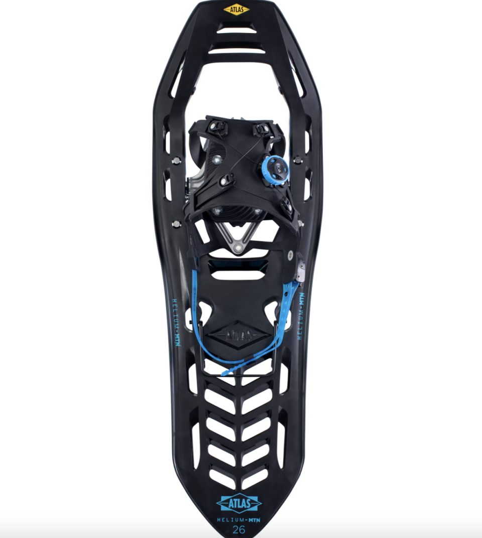 Atlas Helium MTN Unisex Snowshoes in black with blue buckles(Photo via MEC)