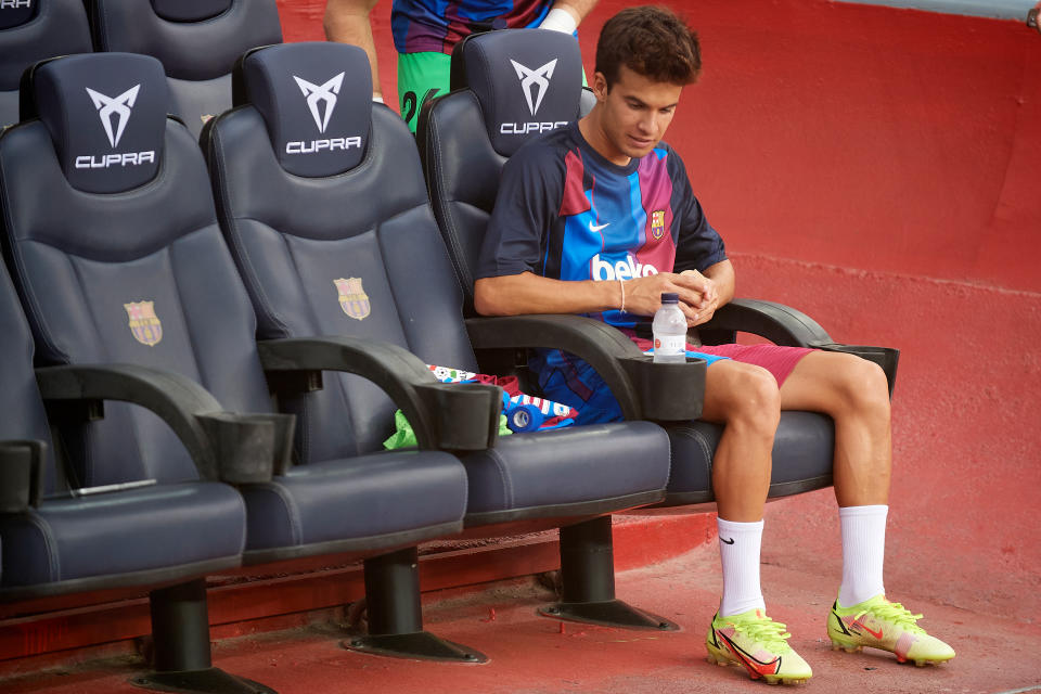 Riqui Puig of Barcelona sitting on the bench during the La Liga Santader match between FC Barcelona and Real Sociedad at Camp Nou on August 15, 2021 in Barcelona, Spain. (Photo by Jose Breton/Pics Action/NurPhoto via Getty Images)