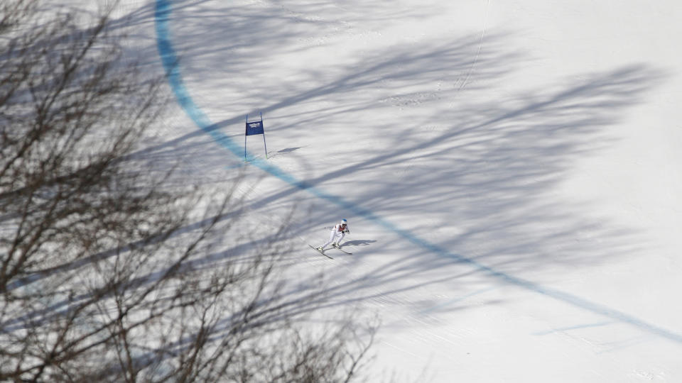 United States' Julia Mancuso nears the finish in the downhill portion of the women's supercombined at the Sochi 2014 Winter Olympics, Monday, Feb. 10, 2014, in Krasnaya Polyana, Russia. (AP Photo/Christophe Ena)