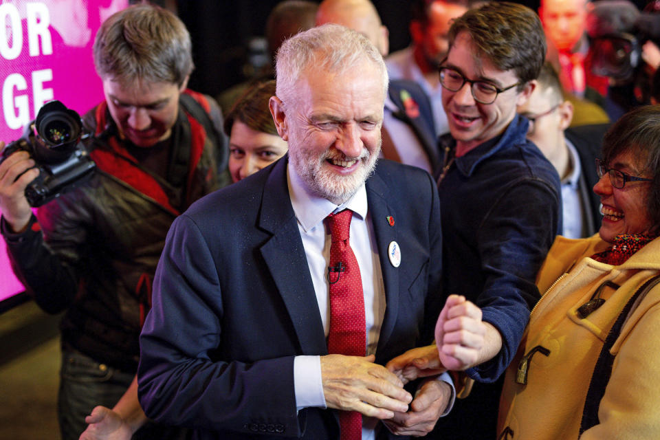 Britain's Labour Party leader Jeremy Corbyn speaks to supporters in Liverpool, England, Thursday Nov. 7, 2019. All 650 seats in the House of Commons are up for grabs in the Dec. 12 election, which is coming more than two years early. Some 46 million British voters are eligible to take part in the country's first December election in 96 years. (Jacob King/PA via AP)