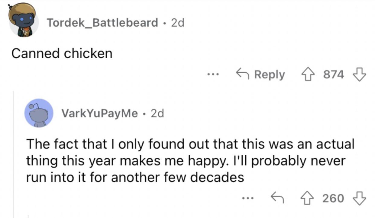 Reddit screenshot from someone who finds canned chicken to be gross.