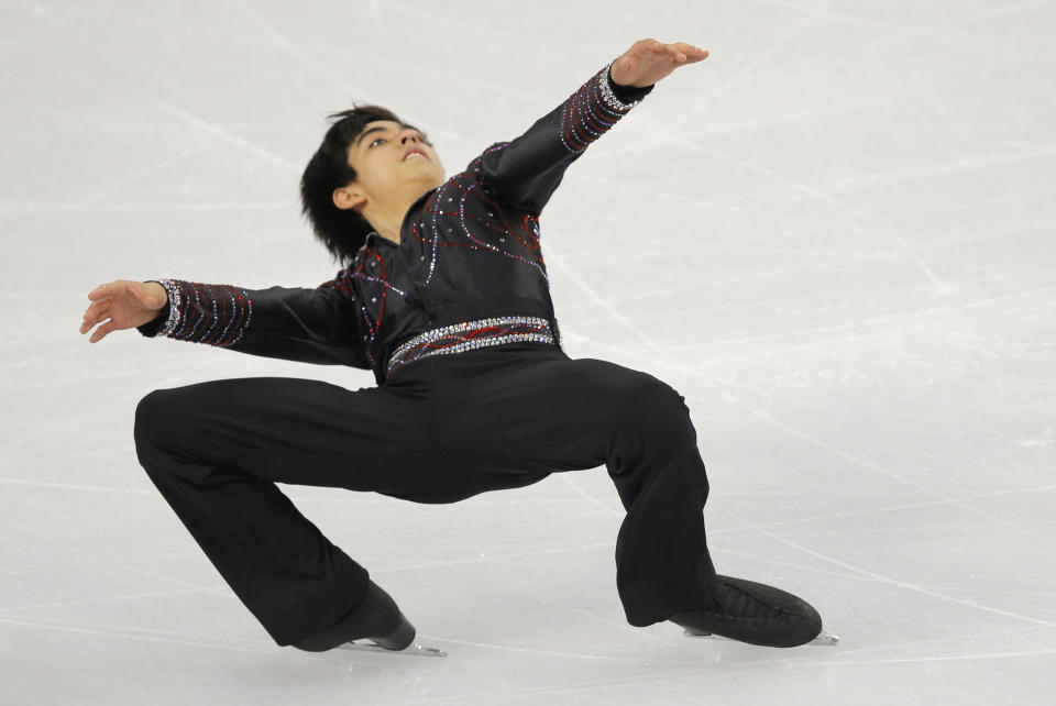 Michael Christian Martinez of the Philippines competes in the men's free skate figure skating final at the Iceberg Skating Palace during the 2014 Winter Olympics, Friday, Feb. 14, 2014, in Sochi, Russia. (AP Photo/Vadim Ghirda)