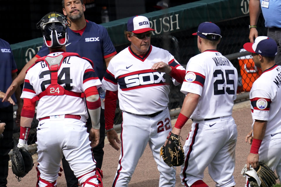 Chicago White Sox manager Tony La Russa (22) celebrates with his team after the Chicago White Sox defeated the Detroit Tigers in a baseball game in Chicago, Sunday, June 6, 2021. Tony La Russa is second on the managerial career wins list with 2, 764. (AP Photo/Nam Y. Huh)