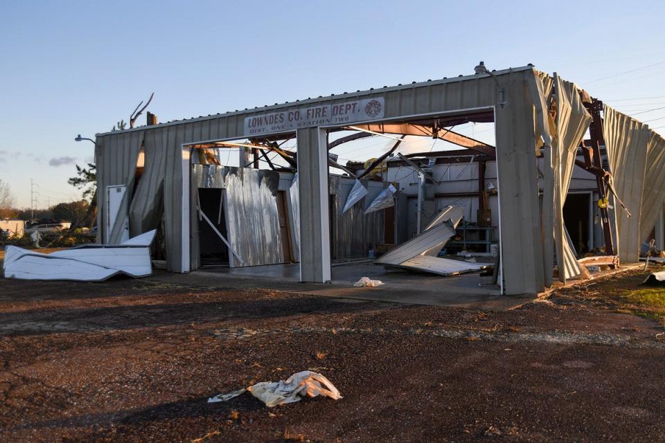 The Lowndes County Fire Department District One building shows the extensive damage from a possible Tuesday night tornado (AP)