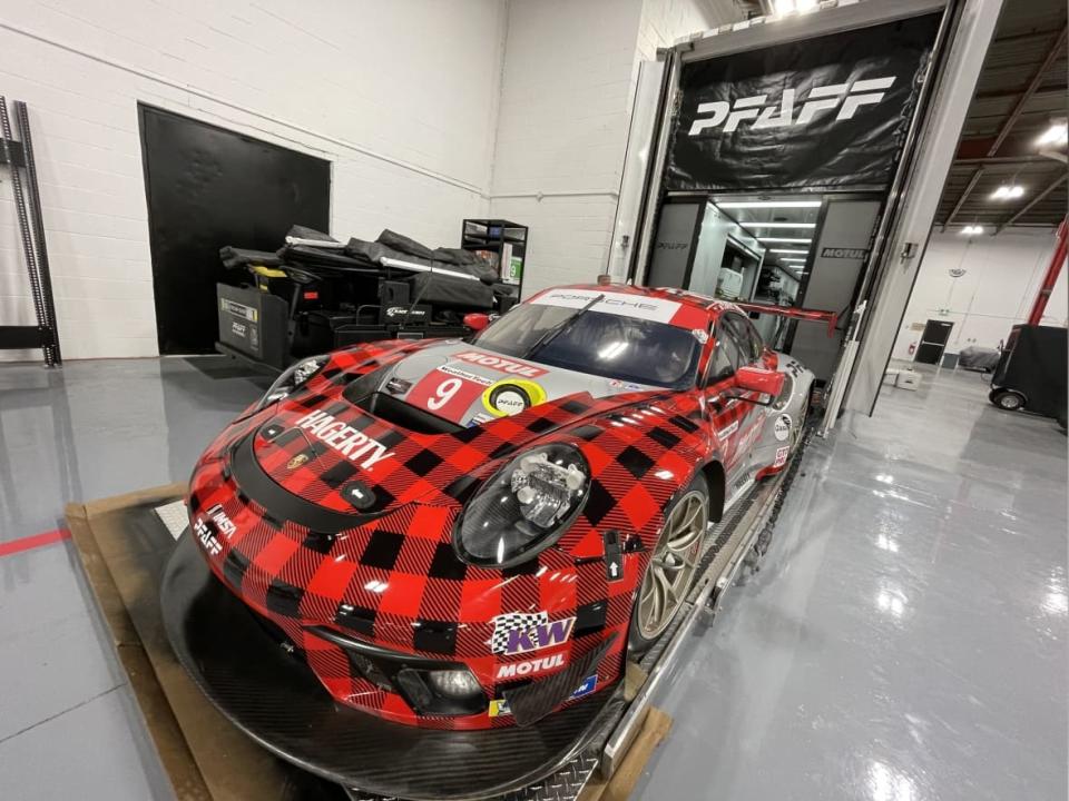 The Pfaff Motorsports team's Porsche 991.2 GT3 R racecar is being shipped to Daytona, Fla., ahead of the 24 Hours of Daytona endurance race in two weeks. (Spencer Gallichan-Lowe/CBC News - image credit)