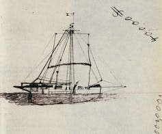 <span class="caption">Tom Dudley’s own sketch of their boat, the Mignonette.</span> <span class="attribution"><a class="link " href="https://en.wikipedia.org/wiki/R_v_Dudley_and_Stephens#/media/File:Mignonette.jpg" rel="nofollow noopener" target="_blank" data-ylk="slk:Wikimedia Commons.;elm:context_link;itc:0;sec:content-canvas">Wikimedia Commons.</a></span>