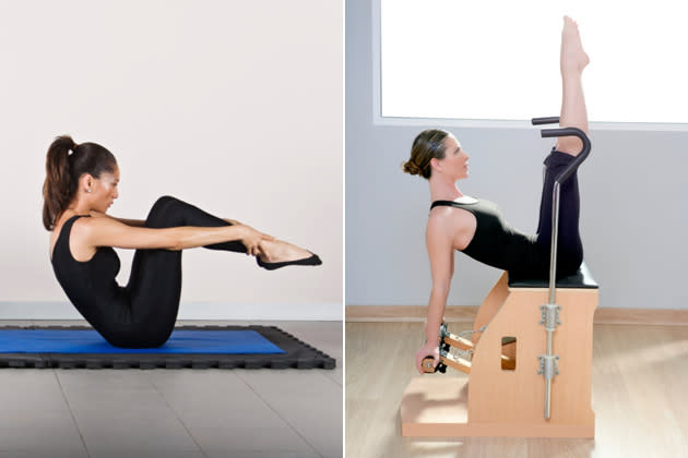 Das klassische Pilates (links) und ein Pilates-Chair (rechts) (Bilder: thinkstock)