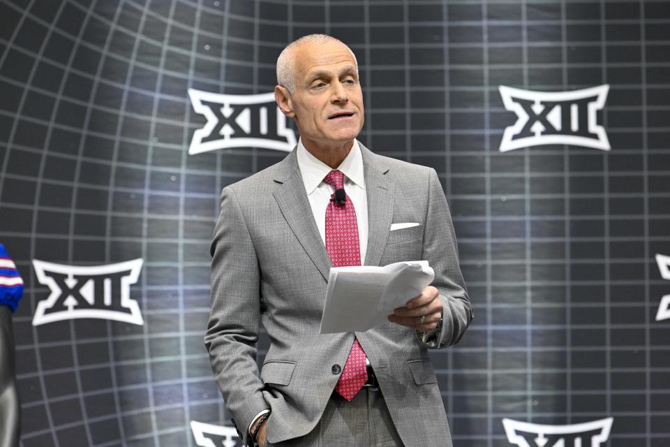 Jul 12, 2023; Arlington, TX, USA; Big 12 Commissioner Brett Yormark speaks to the press during Big 12 football media day at AT&T Stadium. Mandatory Credit: Jerome Miron-USA TODAY Sports