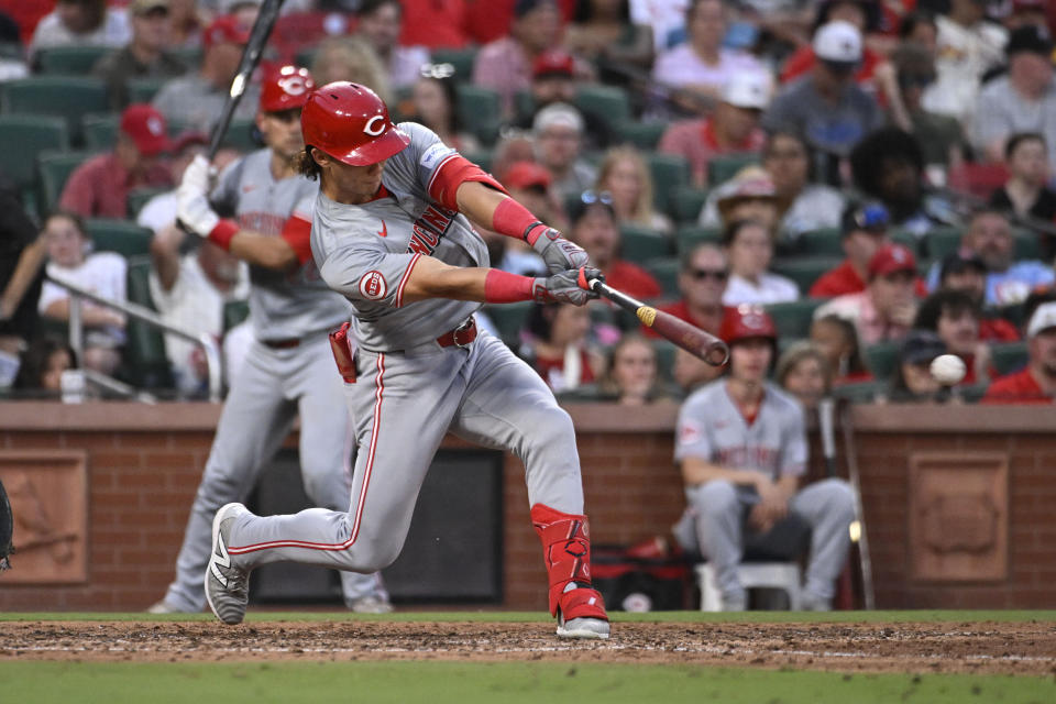 Cincinnati Reds' Stuart Fairchild hits an RBI double against the St. Louis Cardinals during the fifth inning of a baseball game Thursday, June 27, 2024, in St. Louis. (AP Photo/Joe Puetz)