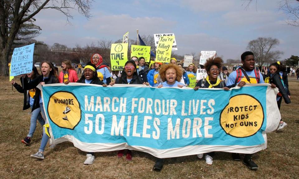 Students finish a four-day, 50-mile March for our Lives, arriving in Traxler Park in Janesville, Wisconsin, the hometown of the House speaker, Paul Ryan, on Wednesday.