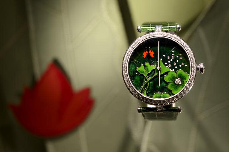 A wristwatch by a French jeweler Van Cleef & Arpels is displayed on the opening day of the "Salon International de la Haute Horlogerie", a professional fair in fine watchmaking, on January 19, 2015, in Geneva, Switzerland