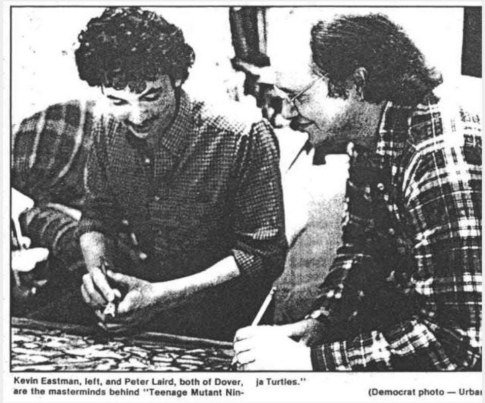 A clipping from a 1984 issue of Foster's Daily Democrat, which introduced Keven Eastman and Peter Laird and was published a day before the Portsmouth Mini-Con at the Howard Johnson Motor Lodge, where the first "Teenage Mutant Ninja Turtles" comic made its debut.
