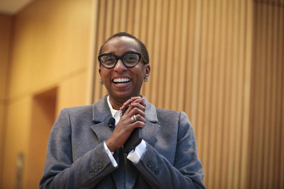 Cambridge, MA – December 15: Claudine Gay smiles broadly. Harvard University on Thursday named Gay as its next president in a historic move that will give the nations oldest <a href="https://www.vibe.com/t/college/" rel="nofollow noopener" target="_blank" data-ylk="slk:college;elm:context_link;itc:0;sec:content-canvas" class="link ">college</a> its first Black leader. (Photo by Erin Clark/The Boston Globe via Getty Images)