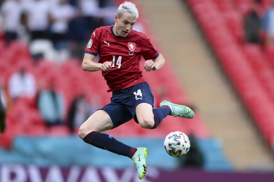 Czech Republic's Jakub Jankto reaches for the ball during the Euro 2020 soccer championship group D match between Czech Republic and England, at Wembley stadium in London, Tuesday, June 22, 2021. (AP Photo/Laurence Griffiths, Pool)