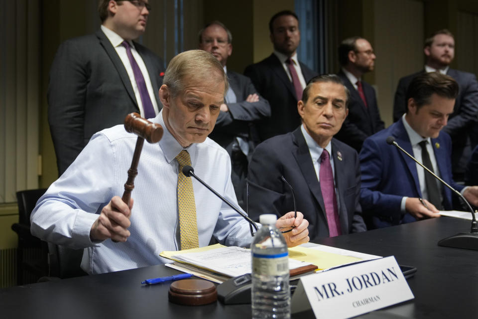 House Judiciary Committee Chair Jim Jordan, R-Ohio, gavels in a House Judiciary Committee Field Hearing, Monday, April 17, 2023, in New York. Republicans upset with Donald Trump's indictment are escalating their war on the prosecutor who charged him, trying to embarrass him on his home turf. (AP Photo/John Minchillo)