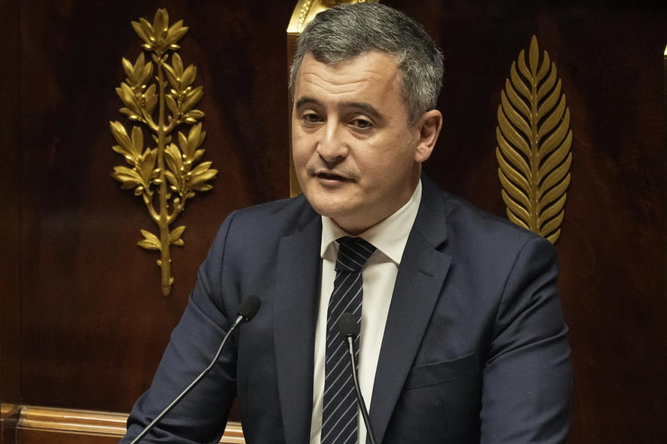 French Interior Minister Gerald Darmanin delivers a speech at the French National Assembly in Paris, Monday, dec. 11, 2023. A divisive migration bill that would speed up deportations reaches the lower house of French parliament. (AP Photo/Michel Euler)