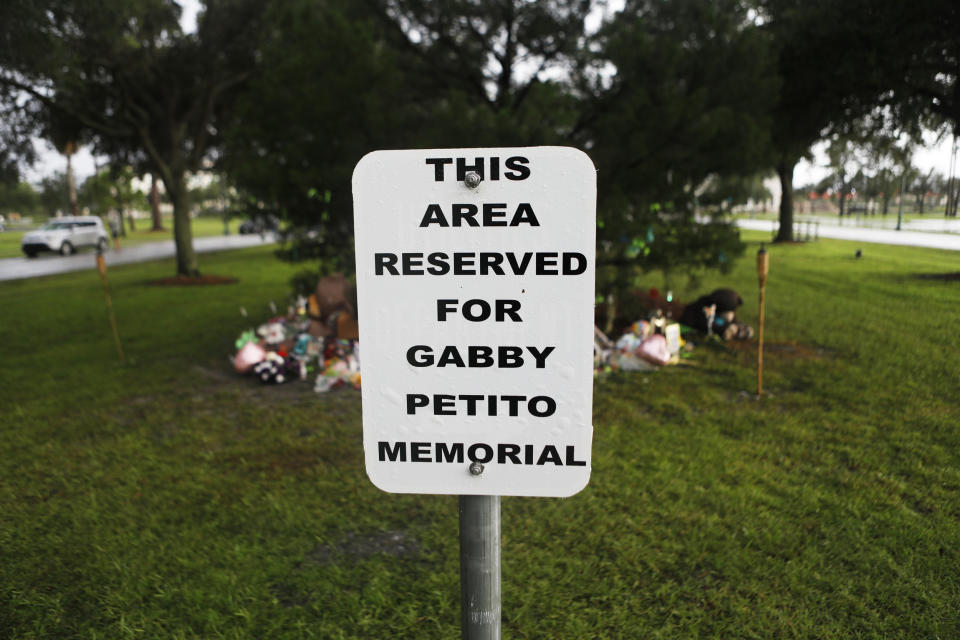 A sign indicates a designated area for a memorial to Gabby Petito in North Port, Fla., on Sept. 21, 2021. (Octavio Jones / Getty Images)