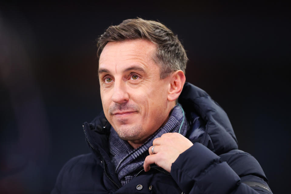 BIRMINGHAM, ENGLAND - JANUARY 13: Pundit Gary Neville prior to the Premier League match between Aston Villa and Leeds United at Villa Park on January 13, 2023 in Birmingham, England. (Photo by James Gill - Danehouse/Getty Images)