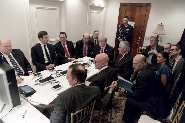 Trump receives a briefing on a military strike on Syria from his national security team on April 6, 2017, in a secure location at Mar-a-Lago in West Palm Beach, Fla. (Photo: Shealah Craighead/White House)