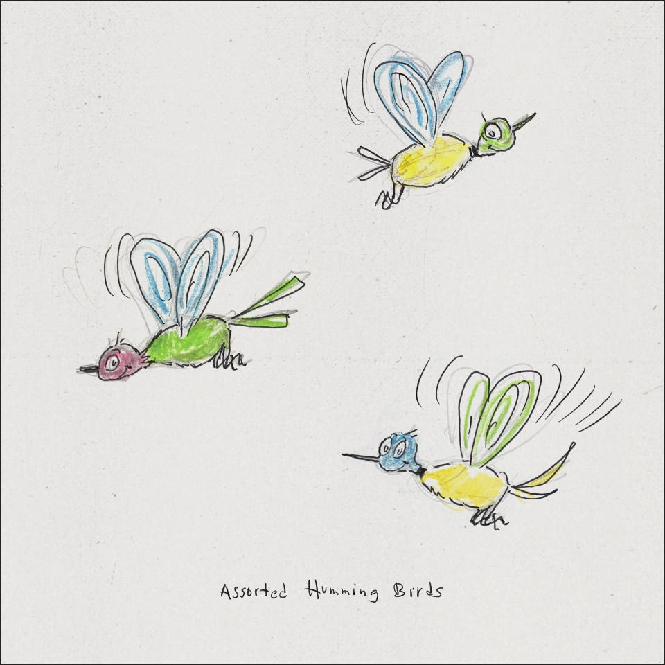 In this image provided by Dr. Seuss Enterprises, a sketch by Dr. Seuss, whose real name was Theodor Seuss Geisel, shows a series of colorful hummingbirds with pointy noses. Sketches of fantastic creatures by Dr. Seuss that have never before been published will see the light of day in new books being written and illustrated by an inclusive group of up-and-coming authors and artists, the company that owns the intellectual property rights to Dr. Seuss' works announced Wednesday, March 2, 2022. (Dr. Seuss/TM & © Dr. Seuss via AP)