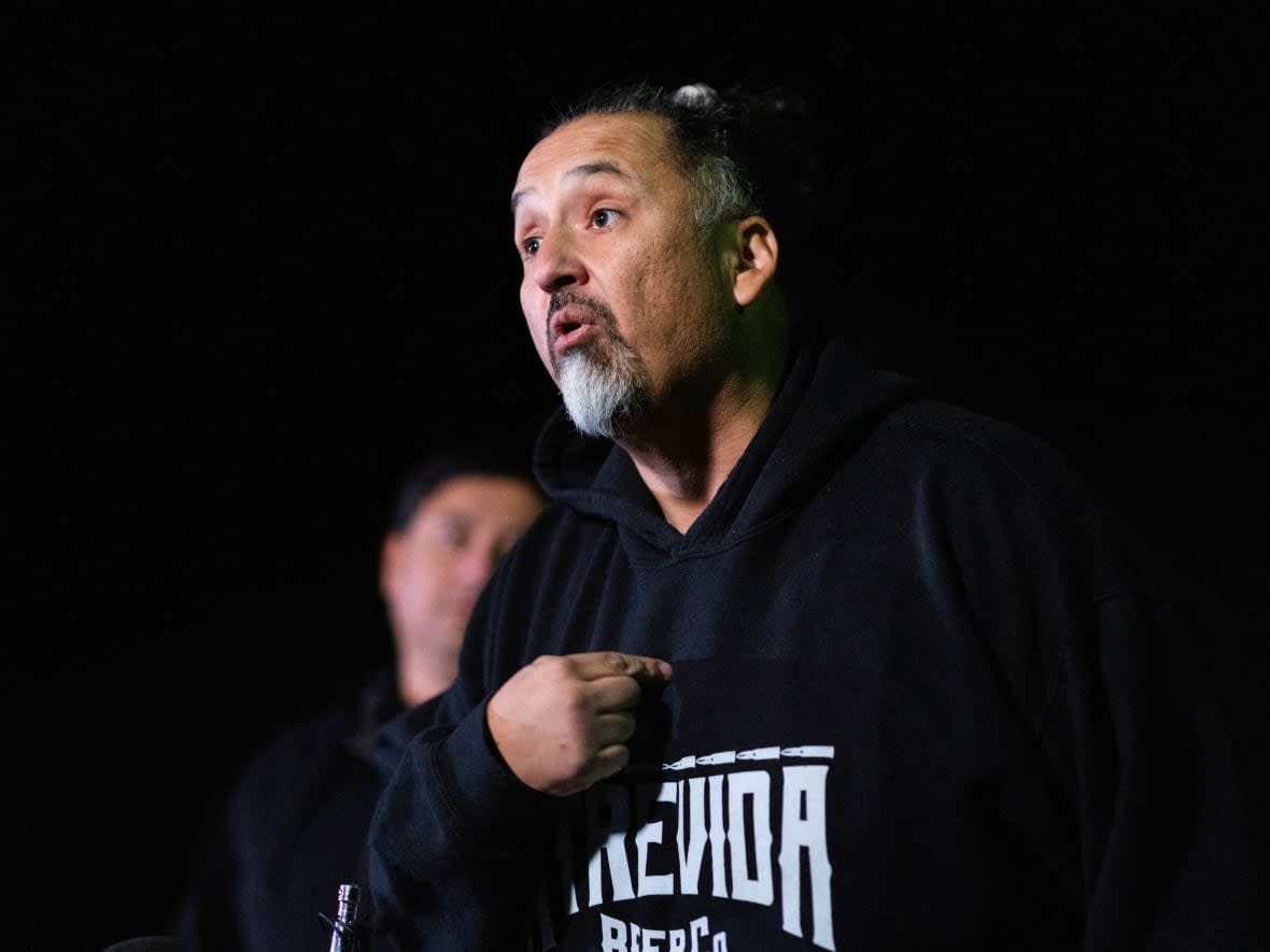 Richard Fierro speaks about the mass shooting at LGBTQ nightclub Club Q in Colorado Springs, Colo., on Sunday. Fierro and one other person were able to take down the active shooter on Saturday night and detain him. (Alyson McClaran/Reuters - image credit)