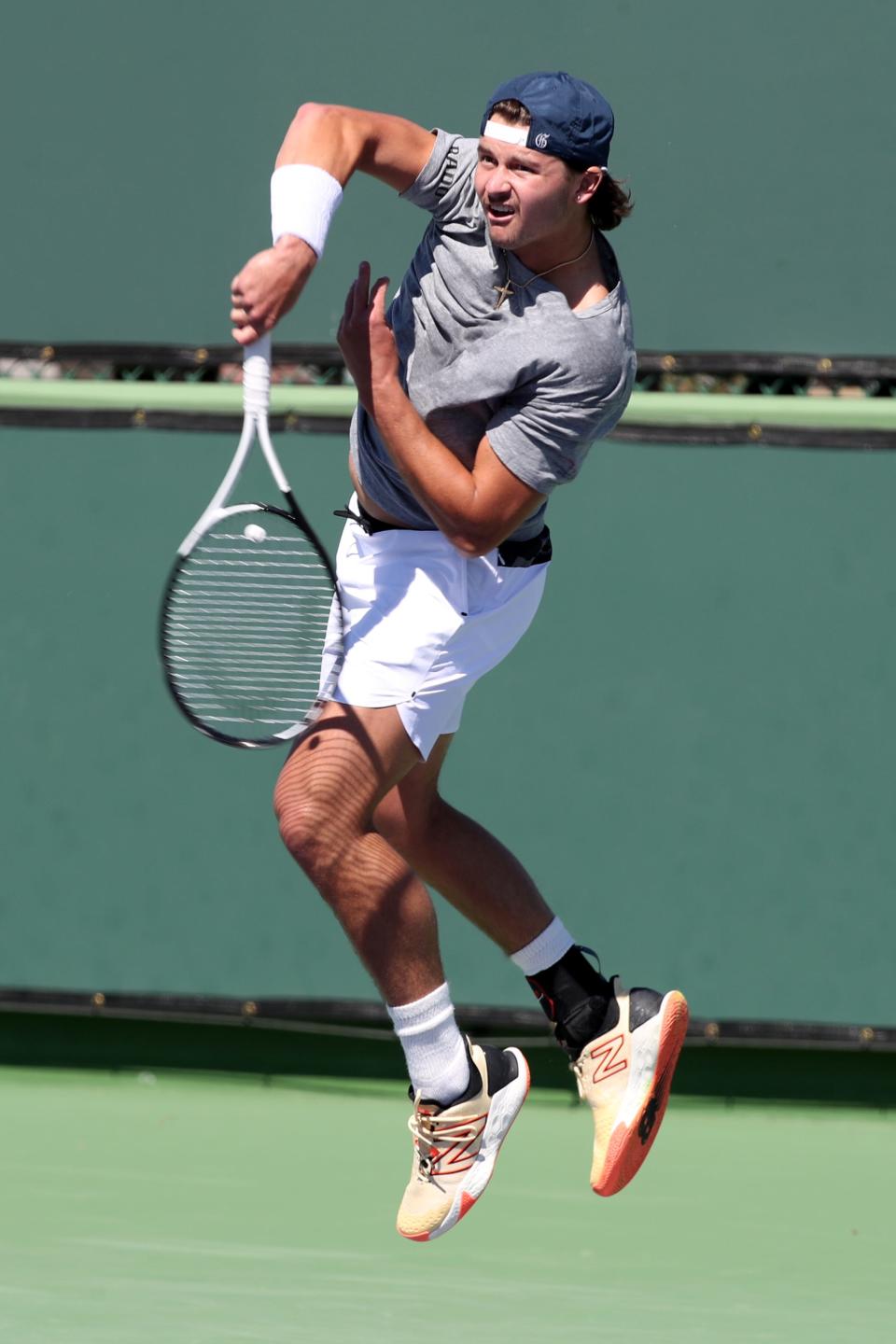 American J.J. Wolf practices during day two of the BNP Paribas Open at the Indian Wells Tennis Garden in Indian Wells, Calif., on Tuesday, March 7, 2023.