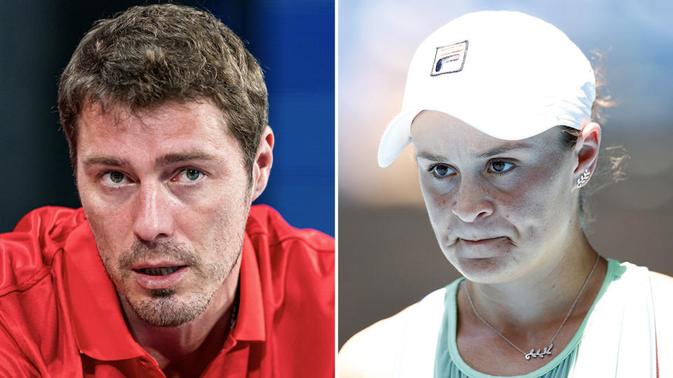 Marat Safin (pictured left) coaching and World No.1 Ash Barty (pictured right) looking frustrated.